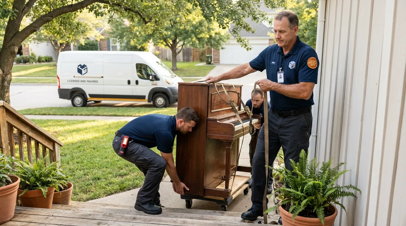 Licensed piano movers securing grand piano in Millville, MA
