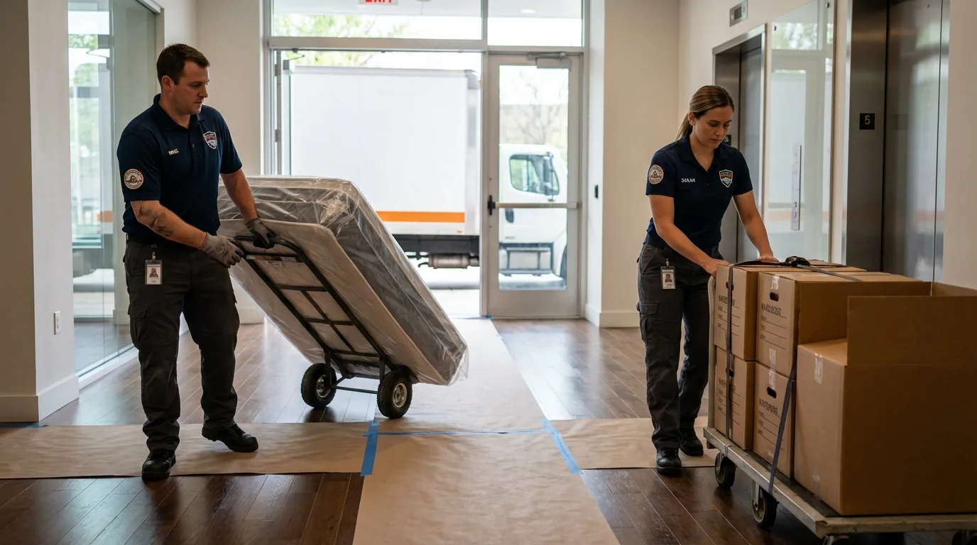 Professional apartment movers loading elevator in Millville, MA